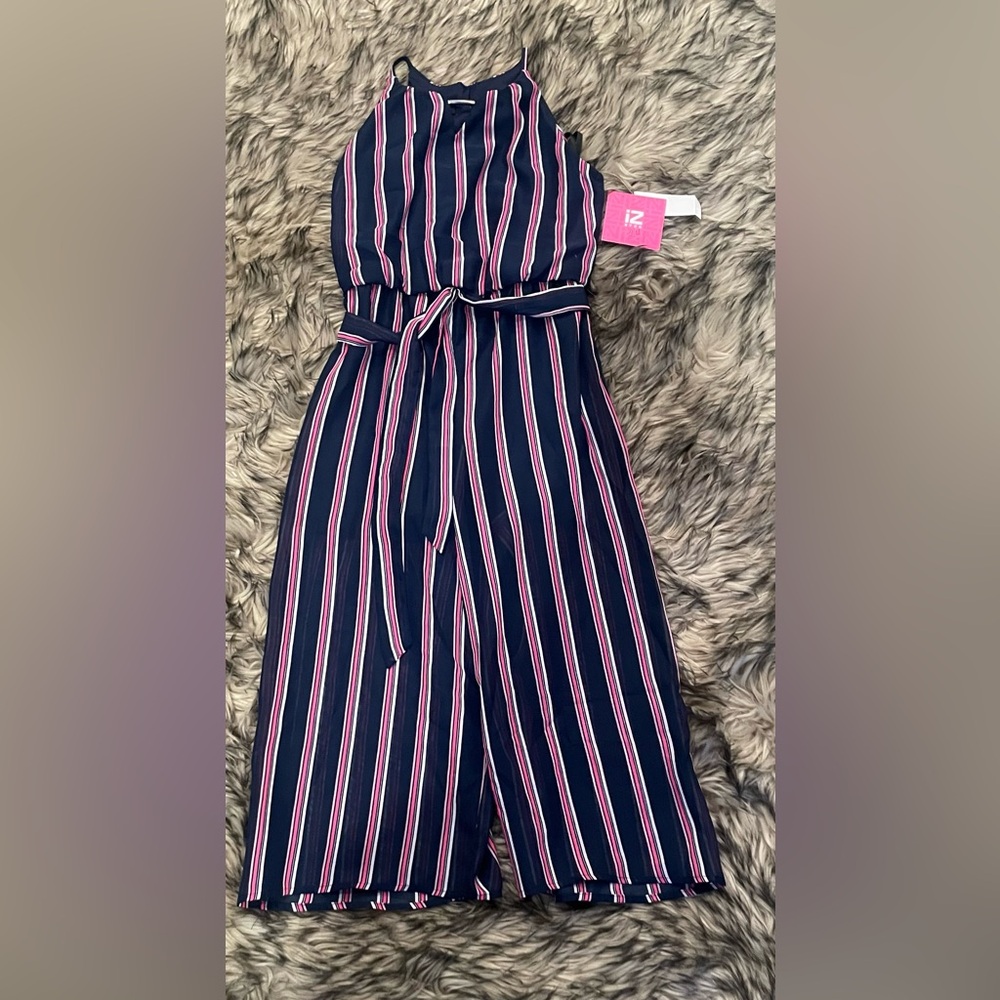 Iz Byer Kids Navy and Pink Striped Romper